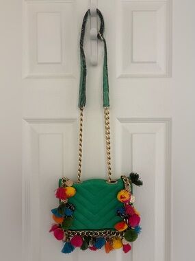 ALDO, Green Quilted Crossbody with Multicolor Pom-Poms